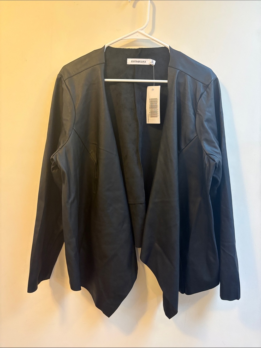 JustFab Black Faux Leather Open-Front Drape Jacket NWT classy classic